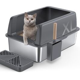Кішниця для котів Gimars XL з нержавіючої сталі, велика лоток для котів 20L з лопаткою та килимком, міцна металева кішниця, кішниця з нержавіючої сталі для великих та середніх котів (темно-сіра з педалем)