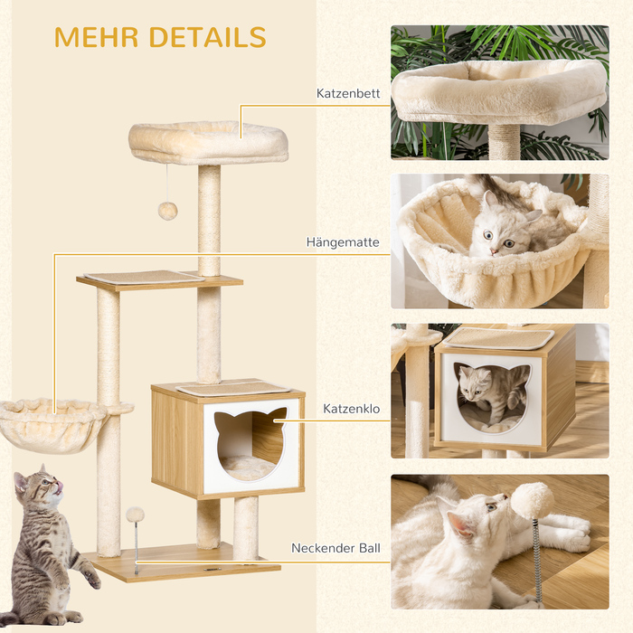 PawHut Cat Tree Бежева котяча печера з платформою висотою 126см з дерева та ДСП Сизаль для кішок