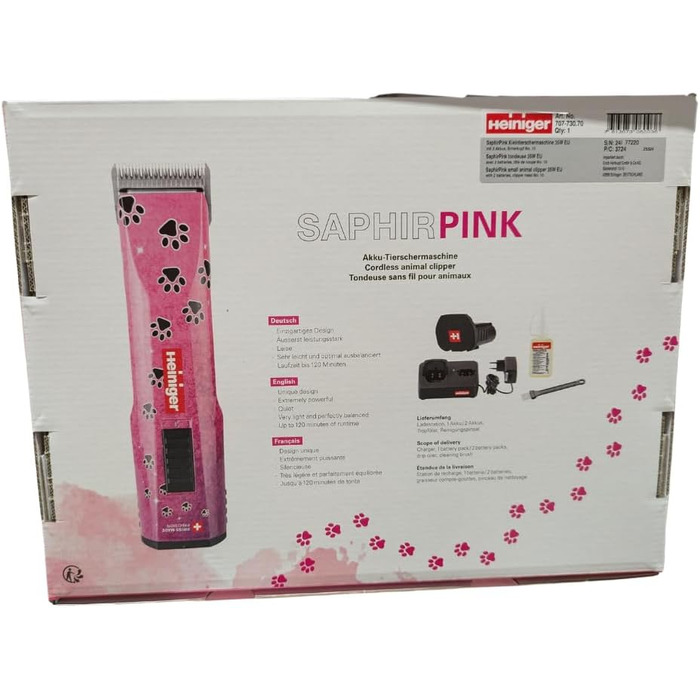 Набір для стрижки собак EHASO HEINIGER Profi Saphir: акумуляторна машинка, насадки, миска для води (рожева)