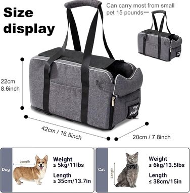 PETCUTE Автокрісло для собак та котів до 6 кг, сірого кольору. Зручне автокрісло-консоль для маленьких тварин, з антиковзким покриттям, знімний та миючий чохол.