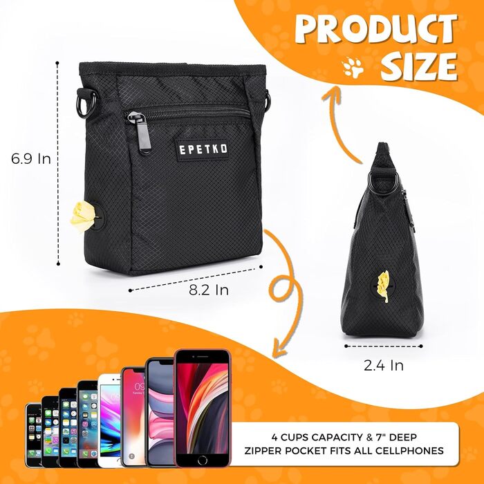 Чорна сумка для ласощів для собак великого об'єму з регульованим ремінцем та міцним магнітним закриттям