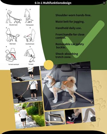 EVERKING 6-в-1 повідок для собак з живітним ременем – повідь для бігу та прогулянок, з двома ручками, антишокова пружина, кріплення для авто, альтернатива шлейці (Блакитний, Сірий, Блакитний, Хакі)