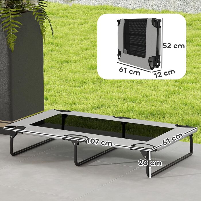 PawHut Лежанка для собак на вулицю, піднята лежанка для великих собак, складана, з металевим каркасом та сіткою, для відпочинку на вулиці та кемпінгу, 107x61x20 см, світло-сіра