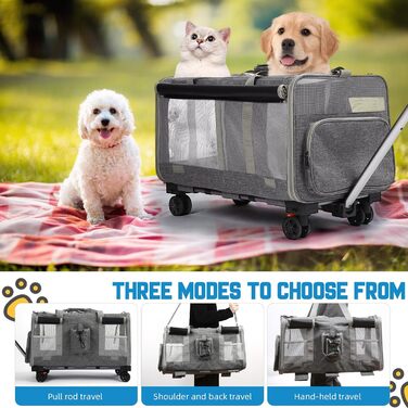 Переноска для котів велика, на колесах, 2-в-1 з відділеннями, з іграшкою та ремінком (сіра)