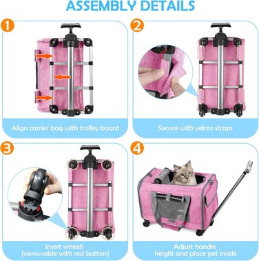 Переноска для тварин ALLSOPETS з колесами для котів та собак, схвалена для авіаперельотів, з висувним ручками, знімними колесами та плечовим ременем, рожева