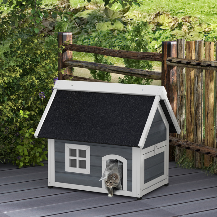PawHut Cat House, Дерев'яна котяча печера, з відкидним асфальтовим дахом, Погодостійкий будиночок для кішок з вікном, 3 двері, 77 x 57,5 x 68 см, Сірий | Аосом
