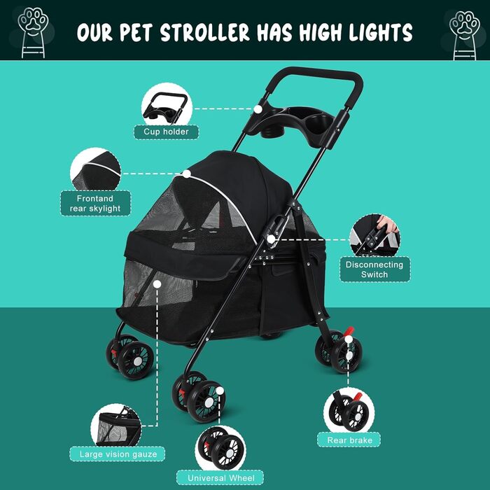 Трансформер для собак і котів до 10 кг, чорний. Складаний візок для тварин з підсклянником, дихаюча сітка, 4 колеса