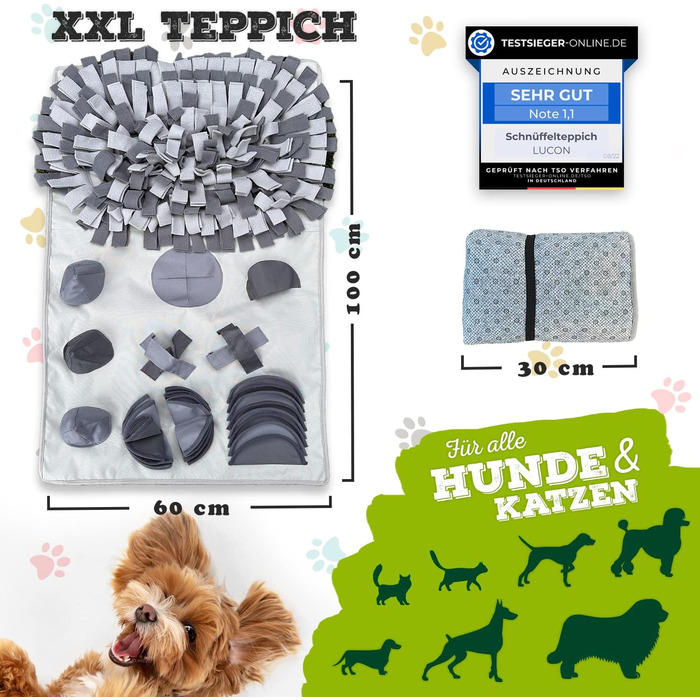 Килимок-іграшка для собак та котів LUCON з 11 елементами, міцний, інтелектуальна іграшка XXL 100x60 см, ідеальний подарунок (сірий)