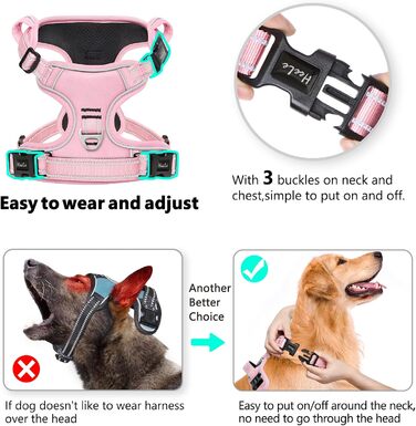 Шлейка для собак HEELE без натягу, для маленьких собак, регульована світловідбиваюча шлейка, дихаюча шлейка з м'якою ручкою, No-Pull Dog Harness, світло-рожева, S, обхват грудей: 35-61 см