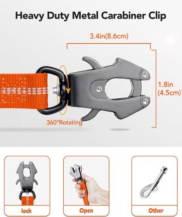 Тактична повідок для собак Joytale, 1.2м-1.8м, еластична (bungee), з 2 м'якими ручками, автофіксатор, без натягу для собак середніх, великих та екстра-великих порід, помаранчевий колір