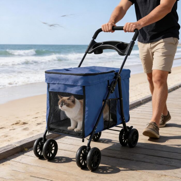 Дитяча коляска для тварин Homewell, складана, з сіткою, ременями та тримачем для напоїв, до 20 кг (блакитна)