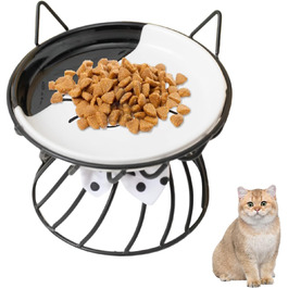 Керамічна миска для котів з металевим підставкою, піднята миска для котів Anti-Erbrechen, плоска керамічна миска для корму та води для котів та маленьких собак (Чорний)