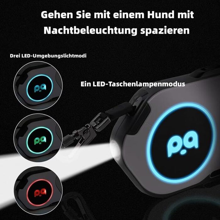 Розтягувана собача поводок з LED-підсвіткою, гальмом та системою швидкого розблокування, 5м, нейлон, до 40кг
