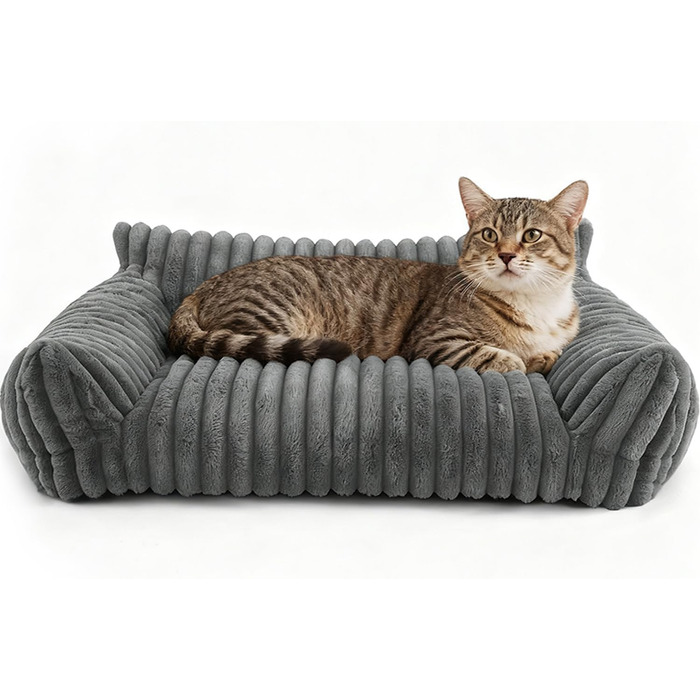 Котяче ліжко-софа, 60x45x20 см, м'яке та пухнасте, для котів та маленьких собак, знімний водонепроникний чохол, антиковзаюче покриття (сірий)