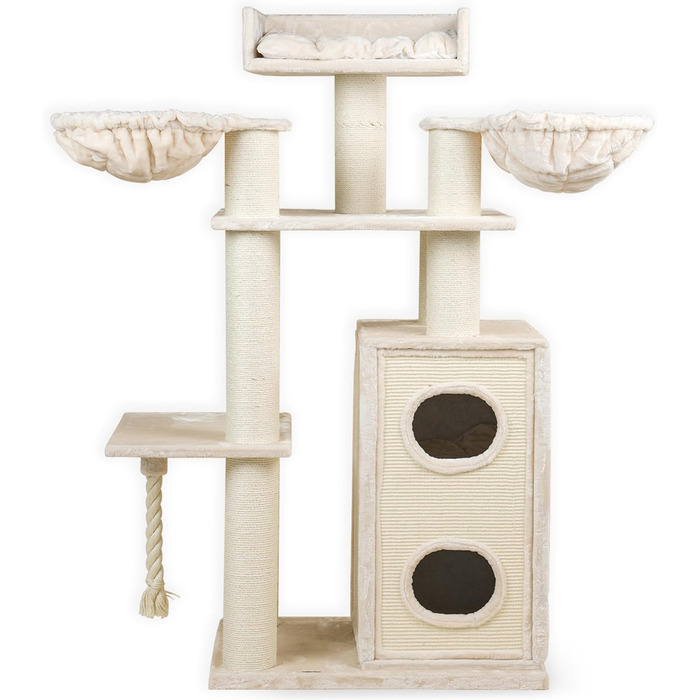 Дерев'яний котячий комплекс RHRQuality Cat Paradise для великих котів з когтеточкою, люкс-лежанкою та стовпами Ø15 см, кремовий