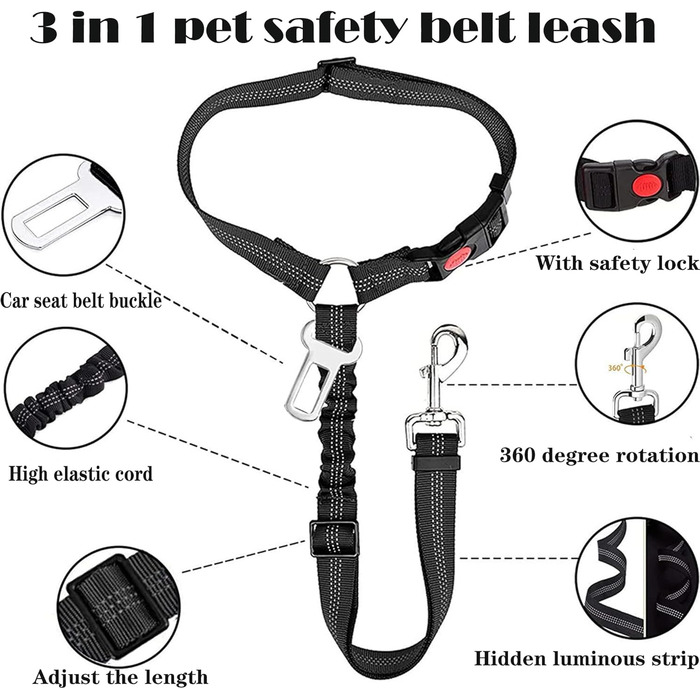 Нашийник для собак у багажник авто, фіксатор для транспортування, з амортизатором та карабіном, чорний, для всіх порід