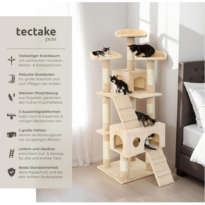 tectake® Великий дряпак для котів, середній котячий комплекс із 3 сизалевими стовпчиками, 3 місцями для відпочинку, будиночком і 2 сходами, для котів і кошенят, бежевий