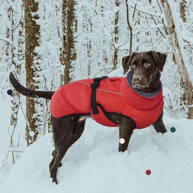 Теплий зимовий одяг для собак IECOii, великий розмір (обхват грудей 53-62 см), червоний, з регулюванням, світловідбиваючий, з флісовим коміром