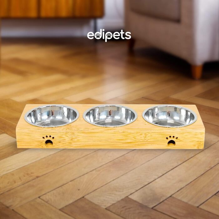 Дві миски для їжі та води для собак та котів Edipets з бамбуковим дном та нержавіючої сталі