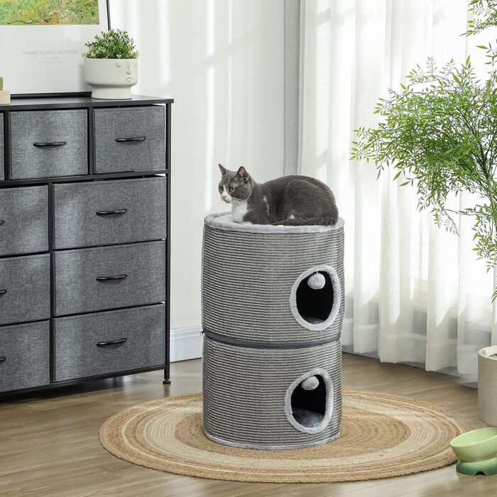 Кігтеточка Pawhut для котів, модульна, з блискавкою, розбірна, 3 яруси, 2 м'ячики, хованка, висота 69 см, сіра