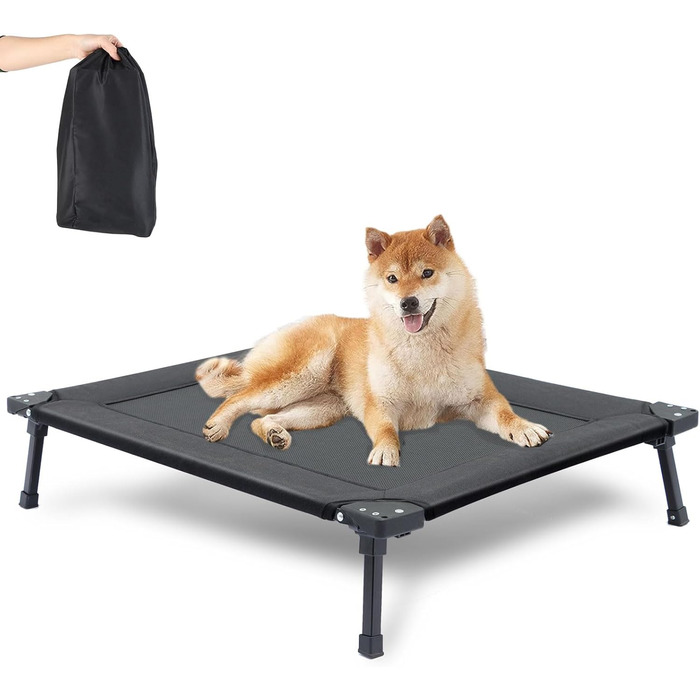 Охолоджуване собаче ліжко Pozico, складане, з металевим каркасом та дихаючою сіткою – для собак та котів, для дому та відпочинку, літо, подорожі, кемпінг, розмір L (чорний, 72 x 58 x 18 см)