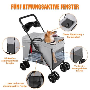 Візок для собак Homewell, візок-бігун для котів/маленьких собак, візок для домашніх тварин з 2 вікнами на блискавці, тримач для напоїв, до 20 кг (Сірий)