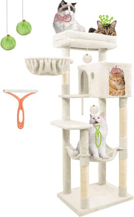 Дерев'яна кігтеточка для котів LEEJARD XXL, 148 см, з платформами, будиночком, гамаком, іграшками та захистом від перекидання, бежева