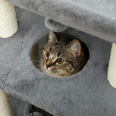 Котячий комплекс PawHut Cosy Chic, багатофункціональний, дерев'яний когтеточка, ігровий центр з лежаком, платформами, іграшкою, сірий, 60x30x76 см