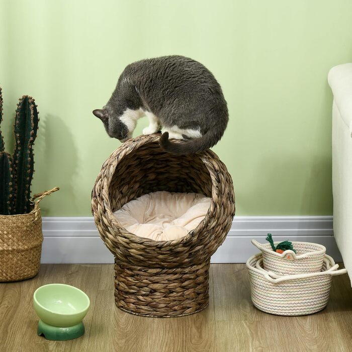 Лежак-будка для кота PawHut з ротангу з подушкою, темно-коричневий, 42x33x52 см