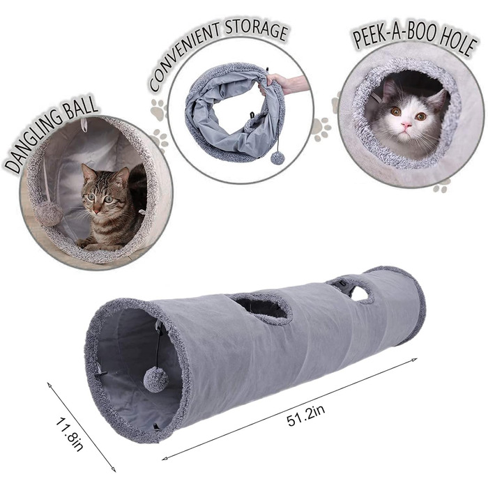 Туннель для котів Wooluck, великий складний тунель-іграшка з кулькою та шурхотливим матеріалом, 2 печери, 130*30 см