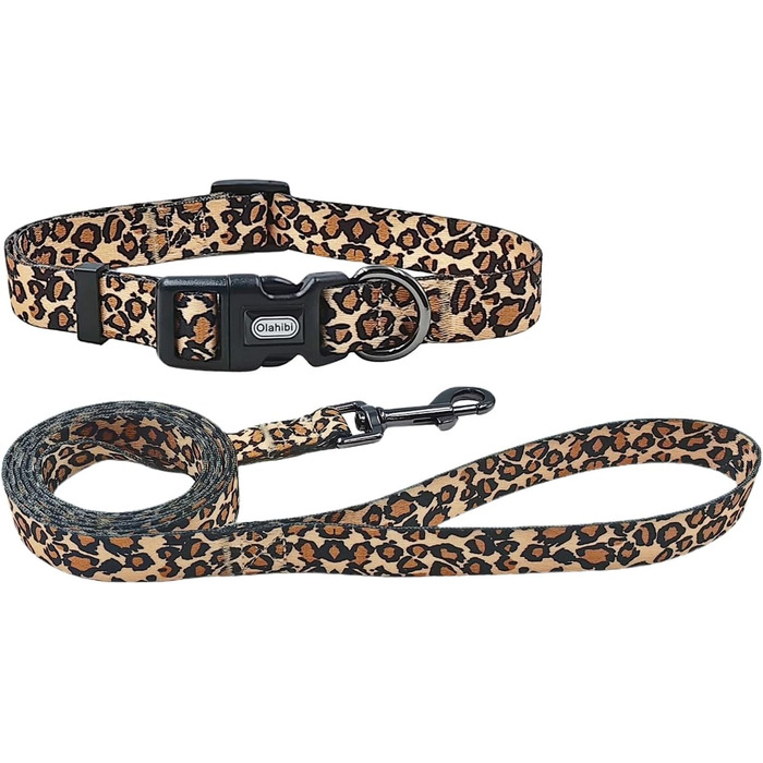 Набір для собак Olahibi: повід та нашийник, леопардовий принт, поліестер, 150 см, для маленьких собак (розмір S, коричневий леопард)