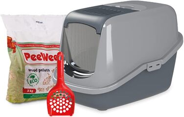 Котлові туалети PeeWee EcoHus з кришкою: закритий котячий туалет з 3 кг дерев'яної тирси, сірий колір