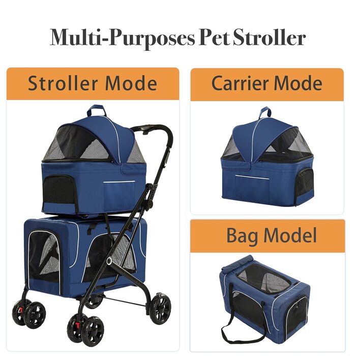 Дитяча коляска для собак 4-в-1, блакитна: для малих/середніх собак, з сумкою-переноскою, для 2 собак/кішок
