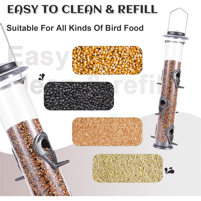 Годівниця для птахів Mixxidea з металевої труби для саду, балкону, 6 портів, сірого кольору