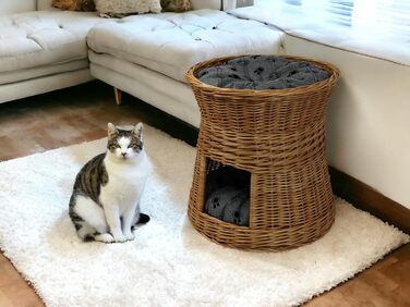 Кошик-будиночок для кота з лози, двоповерхове котяче ліжко 47 см, натуральна верба, з подушкою, для котів і собак, колір світло-сірий