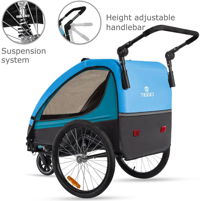 Дитячий велопричіп Tiggo VS 2в1 з амортизацією та поворотним з'єднанням 360° - для 1-2 дітей до 40 кг (синій)