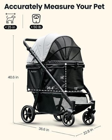 Візок для собак середнього розміру, складаний, з регульованою ручкою, кошиком для зберігання та підстаканником, балдахіном та сітковим віконцем, ідеальний для собак середнього розміру