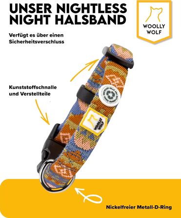 Нашийник для собак середнього розміру Woolly Wolf Nightless Night, розмір M - регульований нашийник з переробленого поліестеру, зручна посадка