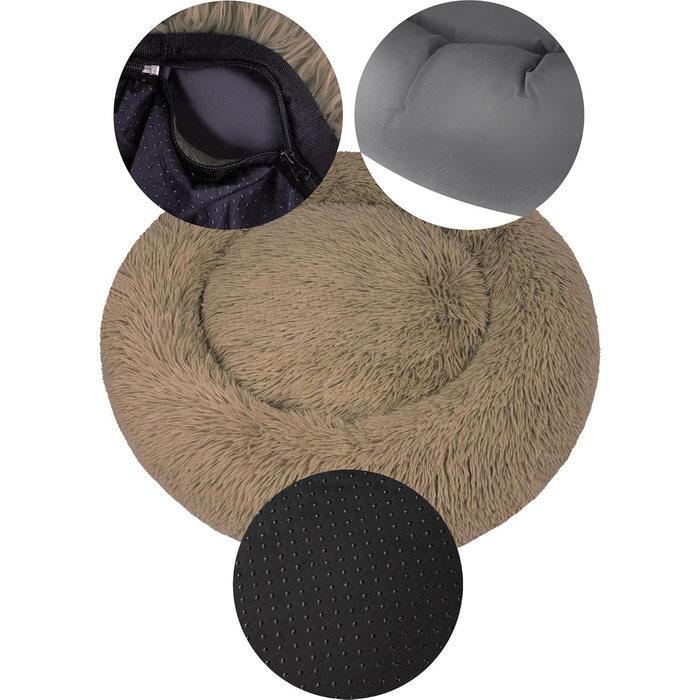 Кругле собаче ліжко Normani для великих і маленьких собак - ергономічна подушка-донат, собача лежанка з високим бортиком, колір коричневий, розмір 60x60x22 см