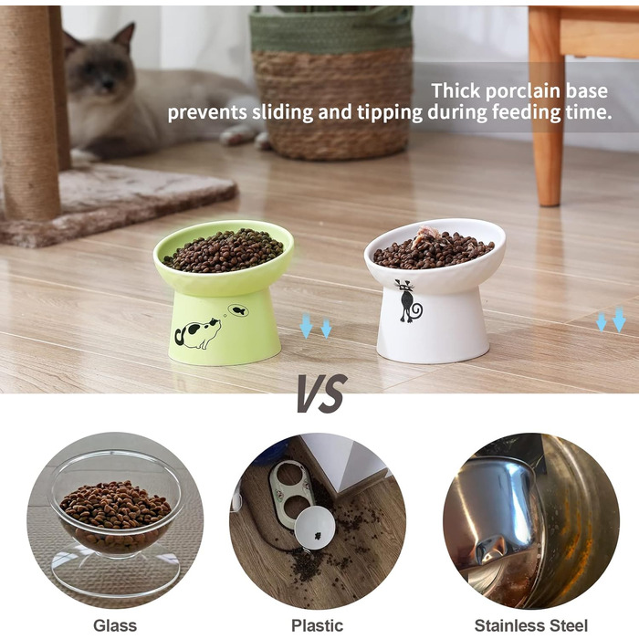 Набір мисок для котів та собак з кераміки, підняті миски, набір 2 шт. (білий & смарагдовий)