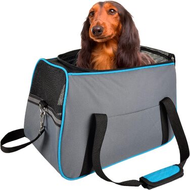 Сумка для собак Леона сіра – 44x24x29 см – поліестер, світловідбиваючий, знімний дно, страховка, ручки, ремінь на плече, легка у догляді
