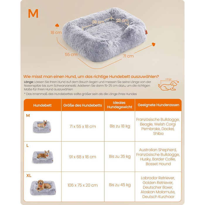 Ліжко для собак Feandrea, м'яке лежання, корзина для собак, 71 x 55 x 18 см, з підвищеними бортиками, знімний чохол, що легко переться, антиковзаюче покриття, Ombré-Сірий PGW271G01 M