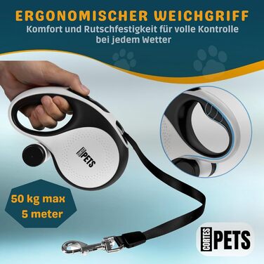 Висувна поводок для собак CORTESPETS® 5м - для малих та великих собак до 50 кг - високоякісна роликова поводок з зручним ручним захопленням (білий, L, 5м, до 50кг)