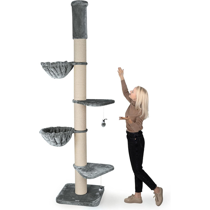 Котячий дряпак HAPPYPET Leonardo XXL для великих котів, 250-275 см, стійкий, товсті стовпи 18 см, лежанки до 20 кг, дімка, натуральне дерево, для мейн-кунів і рагдолів