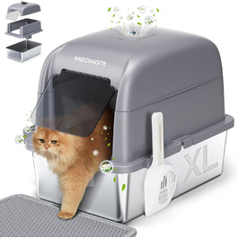 Котячий туалет MeoWant з нержавіючої сталі, 152,4 см, 3-в-1, закритий/напіввідкритий, для великих котів, з матом і лотком, контроль запаху, високі борти