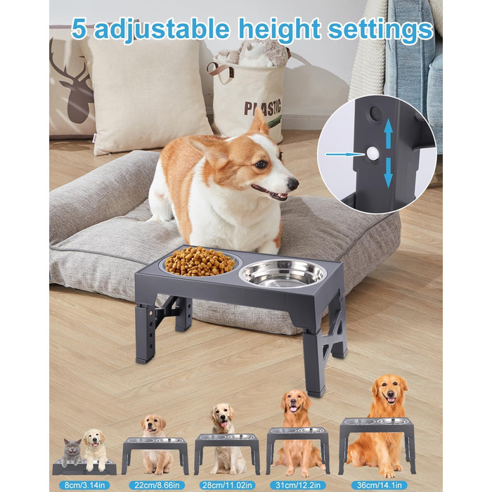 Підвищена годівниця для собак Тоарен, 2 миски з нержавіючої сталі, регульована висота, для великих, середніх та маленьких собак