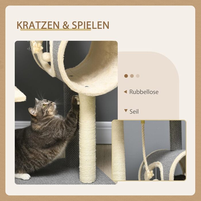 Дряпка для котів PawHut 104 см з будиночком, іграшковим м'ячем, 2 лежаками, для котів до 5 кг, сірий сизаль