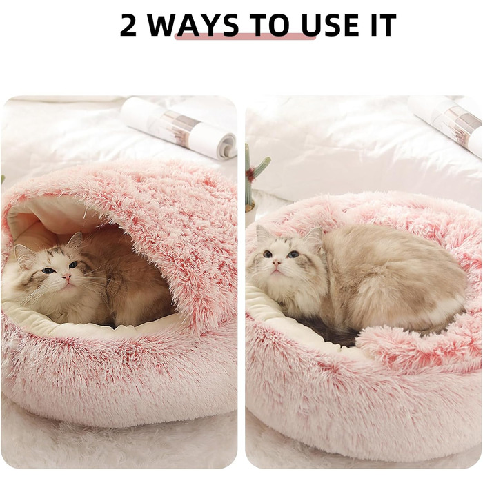 Килимок для кота, песика, гніздо-печери, круглий, м'який плюш, з капюшоном, пончик, теплий лежак для домашніх тварин, самопідігріваючий, 60 x 60 см (Рожевий)