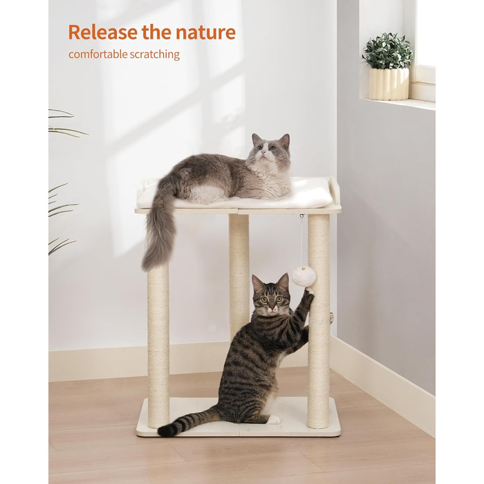 Котячий будиночок-колонна FourFurPets з сизалю, 67,8 см. Ідеально для кішок, велика платформа, три стовпчики для заточування кігтів, білий колір