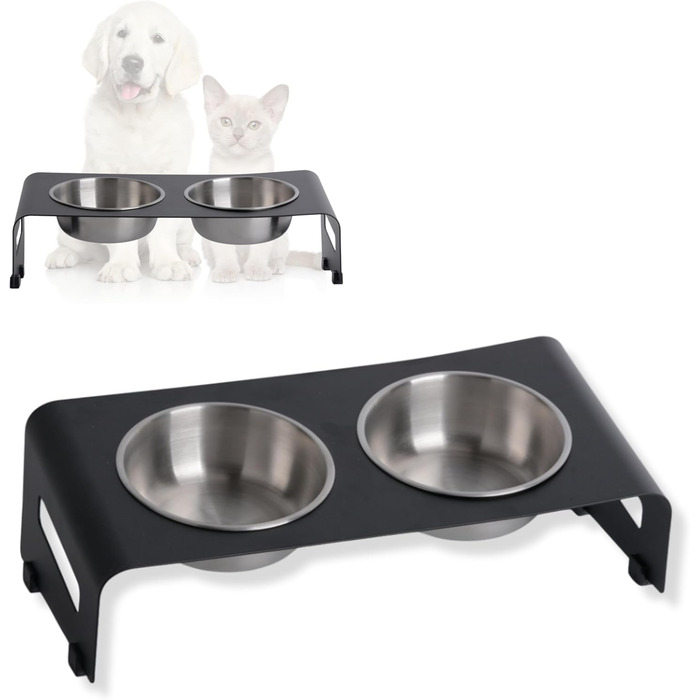 Підставка для корму PETLINUS для котів, піднята годівниця, ергономічна миска для котів, миска для котів з нержавіючої сталі та металу, годівниця для котів та маленьких собак (Чорний - Нахилена)